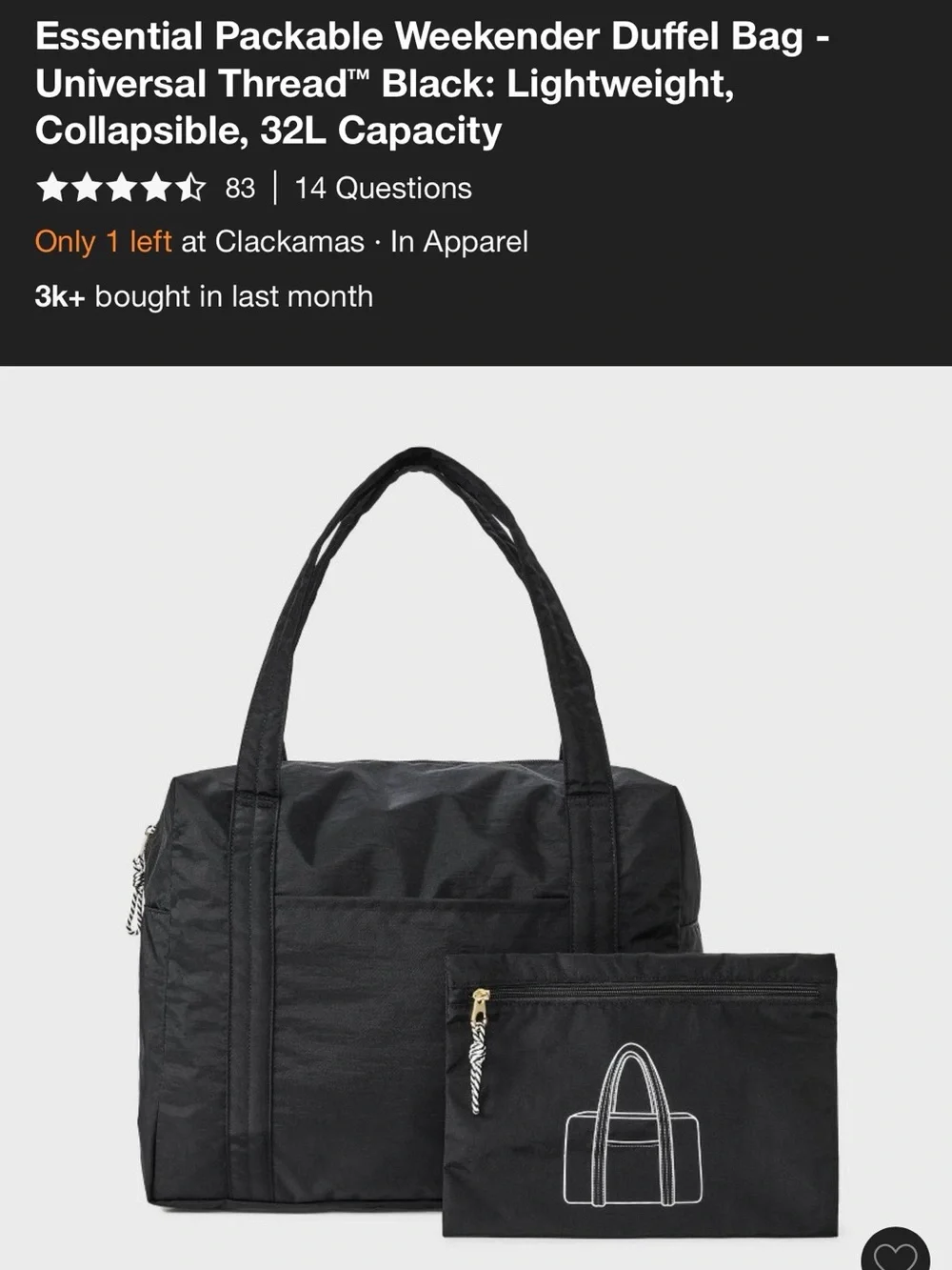 Universal Thread Black Packable Duffel Bag with Matching Pouch